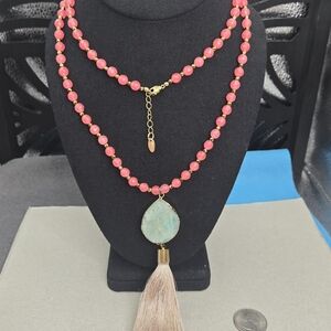 Betsy Pittard BPD Pink Jadeite Gold Blue Stone Beaded Necklace with Tassel